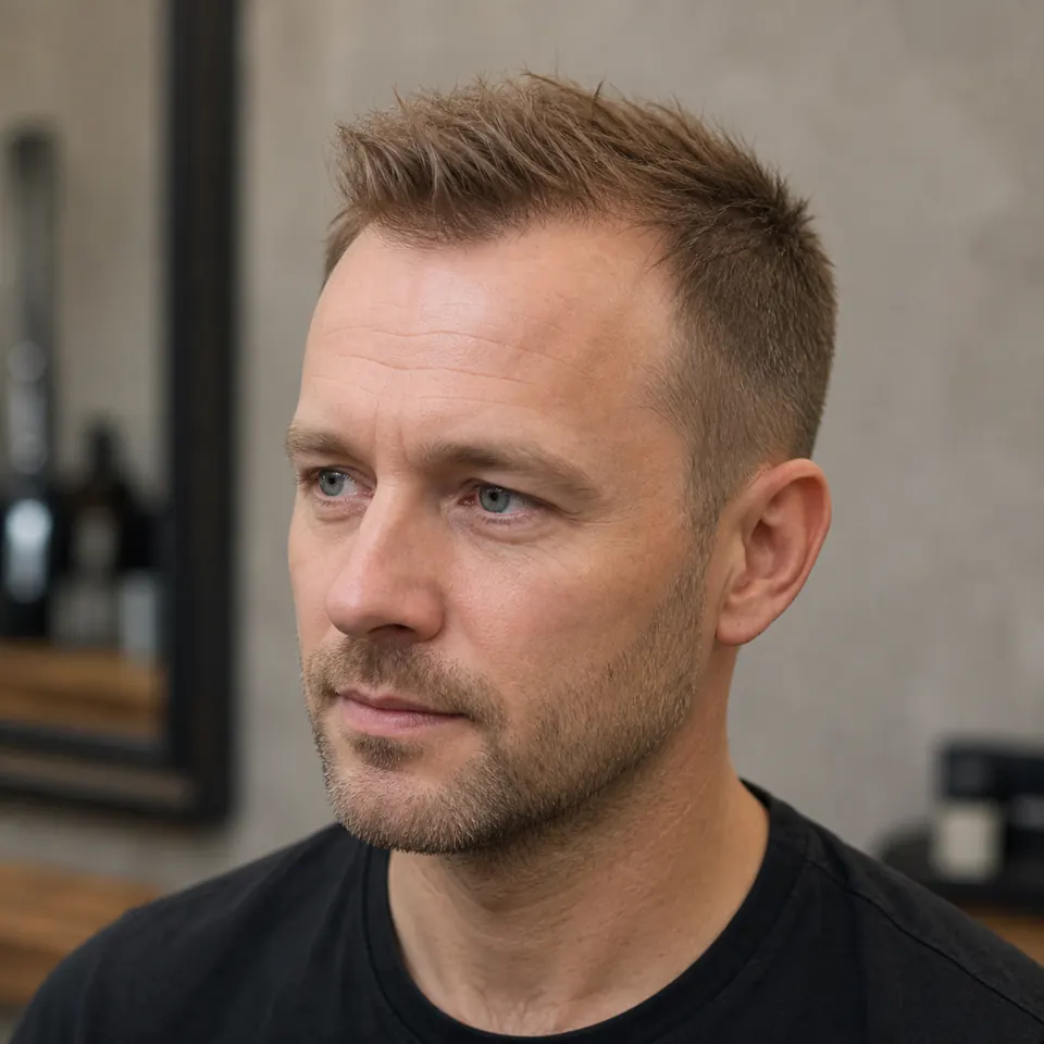 31 Männerfrisuren für dünnes Haar und Geheimratsecken 10 Mann mit kurzem Mini-Quiff bei feinem Haar und sichtbaren Geheimratsecken