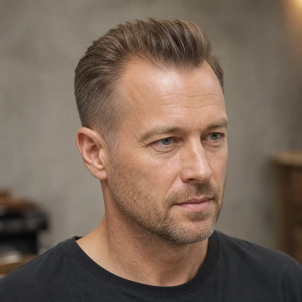 31 Männerfrisuren für dünnes Haar und Geheimratsecken 12 Mann mit kurzem Pompadour und Taper bei feinem Haar und zurückweichendem Haaransatz