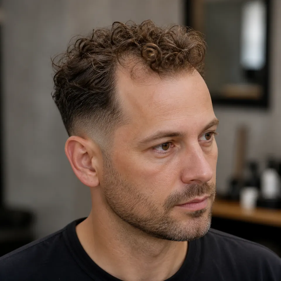 31 Männerfrisuren für dünnes Haar und Geheimratsecken 17 Mann mit Curly Top und Taper Fade bei feinen Locken und Geheimratsecken