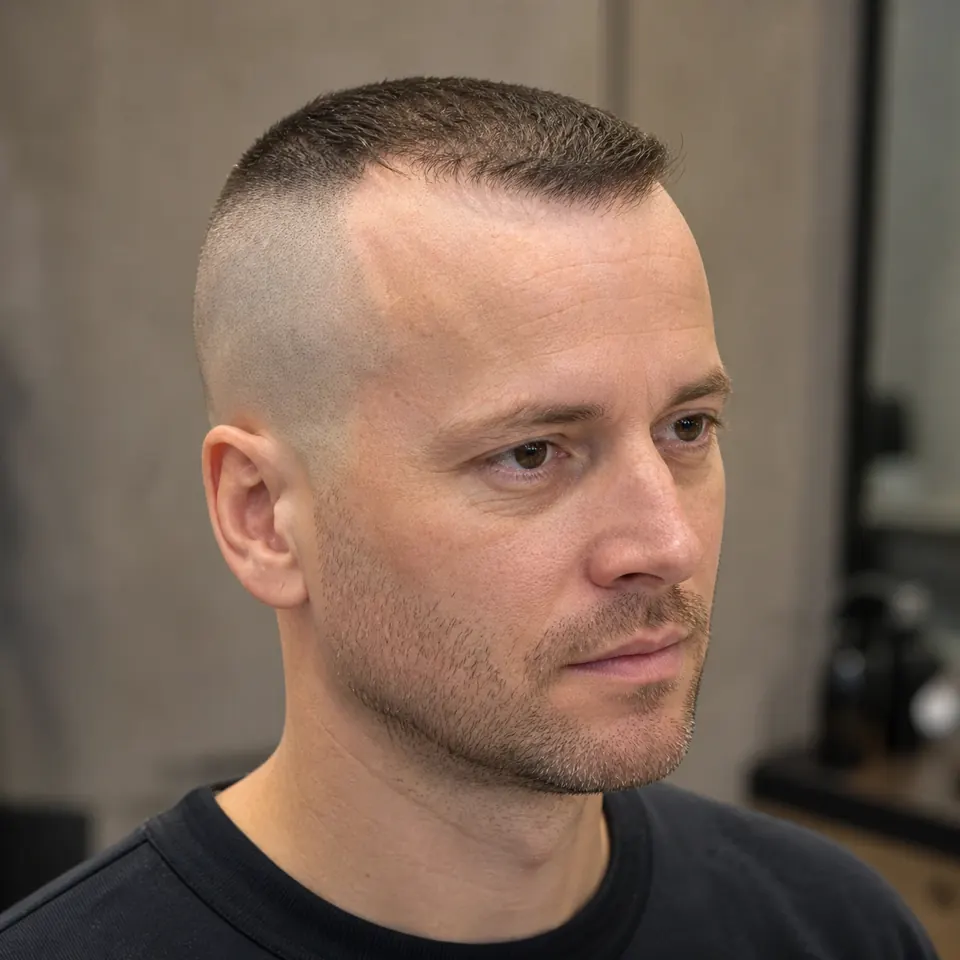 31 Männerfrisuren für dünnes Haar und Geheimratsecken 22 Mann mit High-and-Tight-Frisur bei dünnem Haar und Geheimratsecken