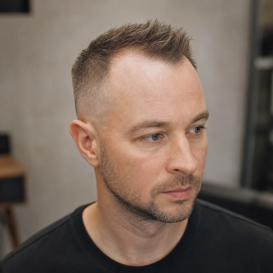 31 Männerfrisuren für dünnes Haar und Geheimratsecken 24 Mann mit kurzem Faux Hawk bei feinem Haar und sichtbaren Geheimratsecken