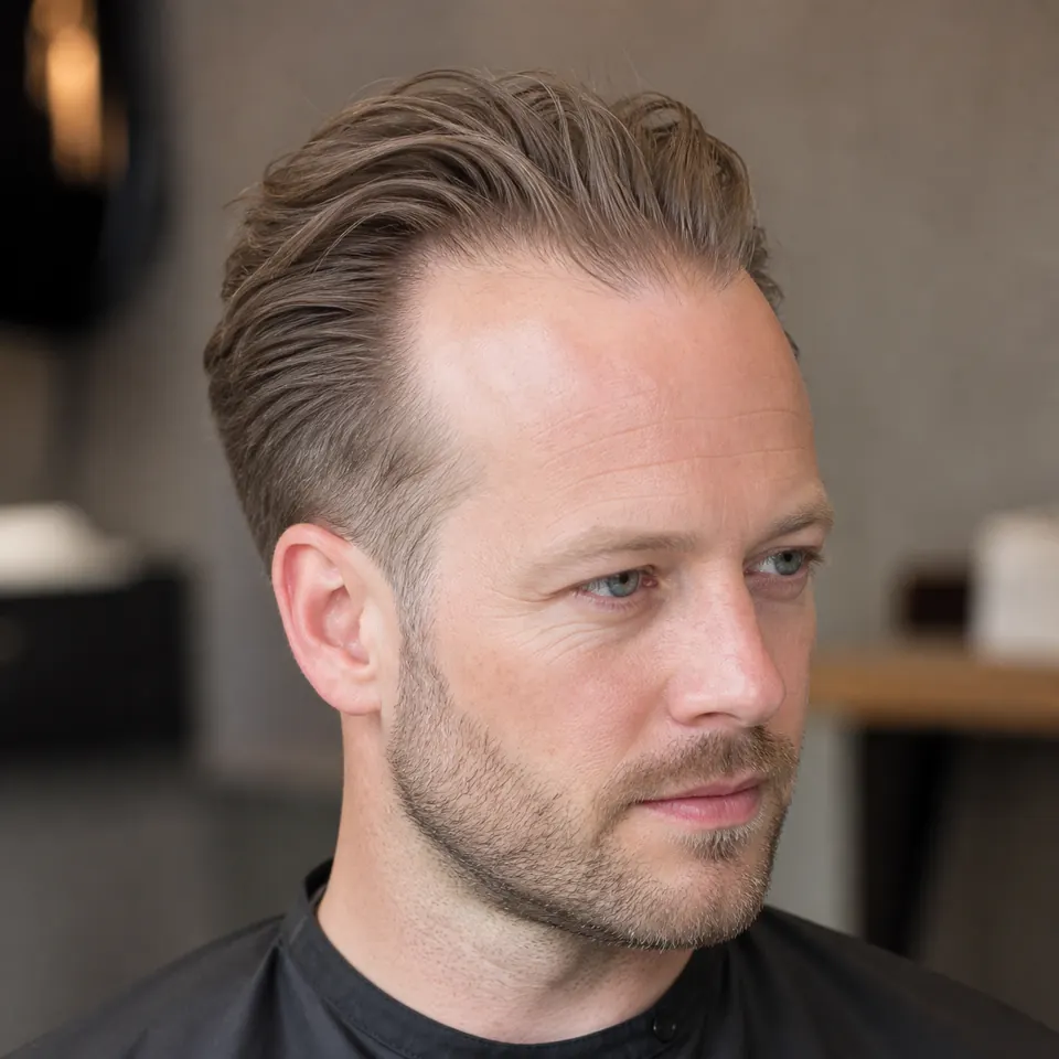 31 Männerfrisuren für dünnes Haar und Geheimratsecken 26 Mann mit lockerem Slick Back und natürlichem Finish bei dünnem Haar und Geheimratsecken