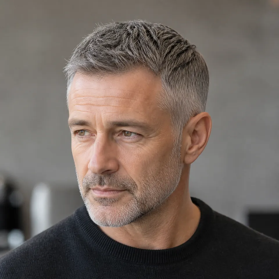 31 Männerfrisuren für dünnes Haar und Geheimratsecken 30 Mann mit Salt-and-Pepper Crop bei dünnem Haar und sichtbaren Geheimratsecken