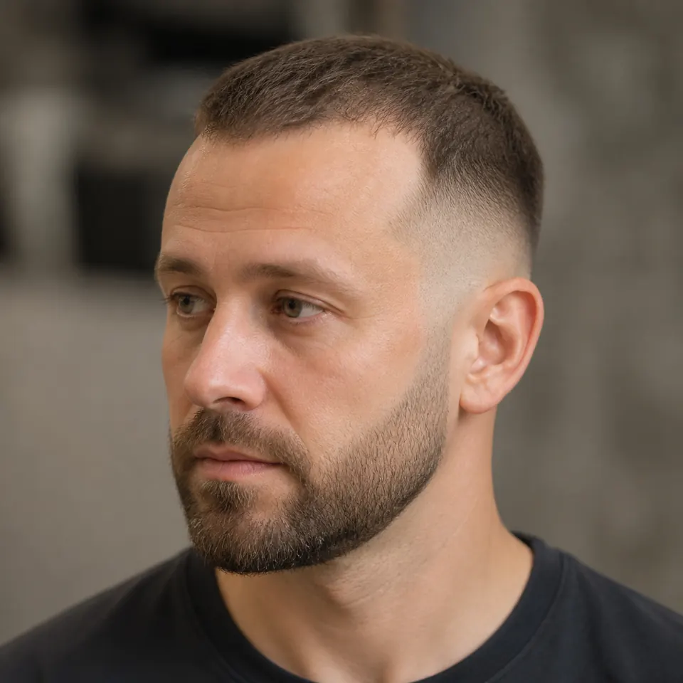31 Männerfrisuren für dünnes Haar und Geheimratsecken 33 Mann mit sehr kurzem Crop und Beard Fade bei dünnem Haar und Geheimratsecken