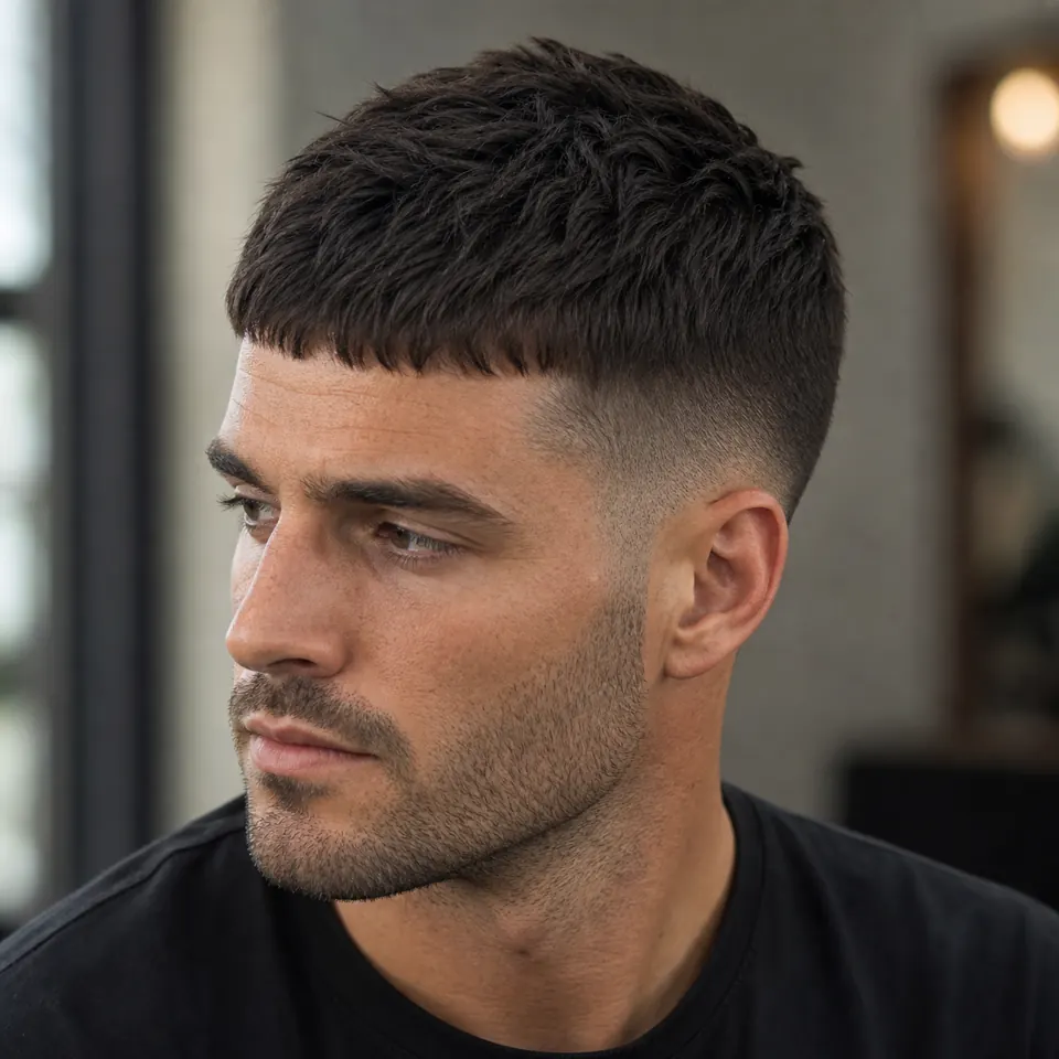 24 French-Crop-Frisuren für Männer: modern und pflegeleicht 4 French Crop mit tief angesetztem Low Fade und nach vorn gestylter Oberpartie