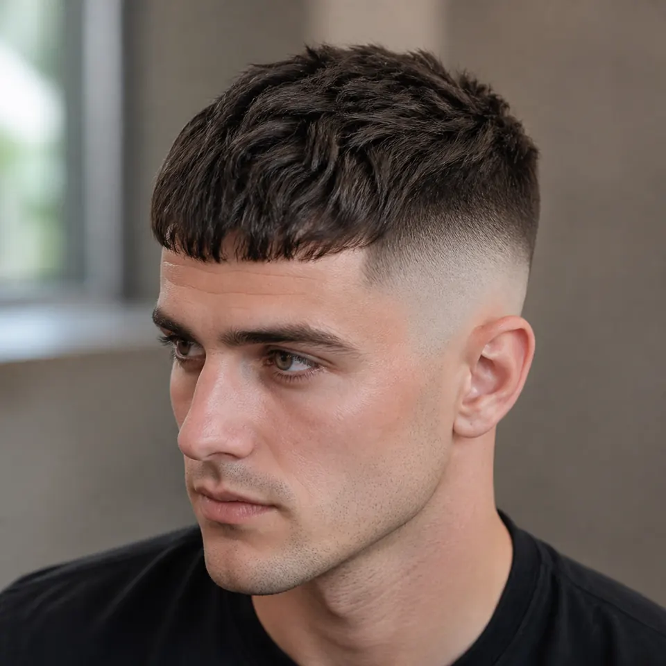24 French-Crop-Frisuren für Männer: modern und pflegeleicht 7 French Crop mit hoch angesetztem Fade und kontrastreicher strukturierter Oberpartie