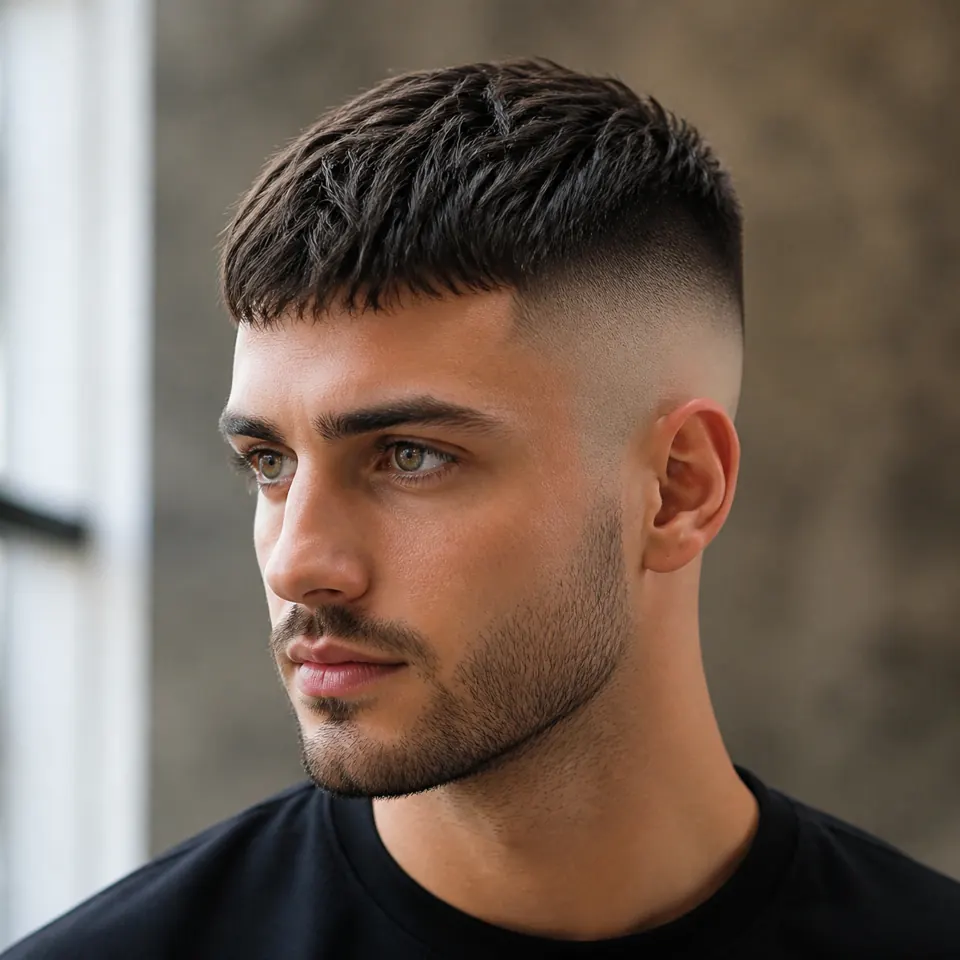 24 French-Crop-Frisuren für Männer: modern und pflegeleicht 8 French Crop mit hautnahem Skin Fade und kurzem strukturiertem Pony