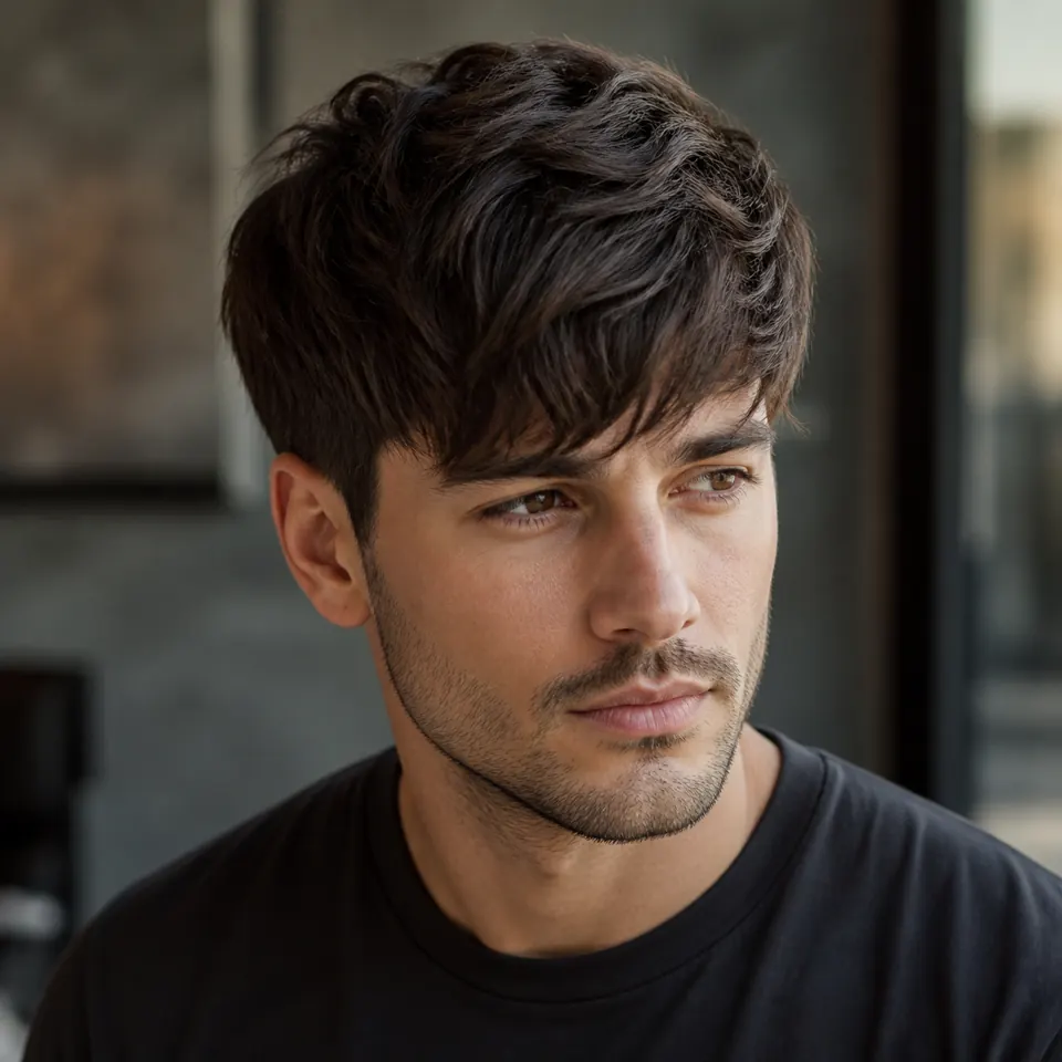 24 French-Crop-Frisuren für Männer: modern und pflegeleicht 11 Langer French Crop mit geschichteter Oberpartie und tief fallendem seitlichem Pony