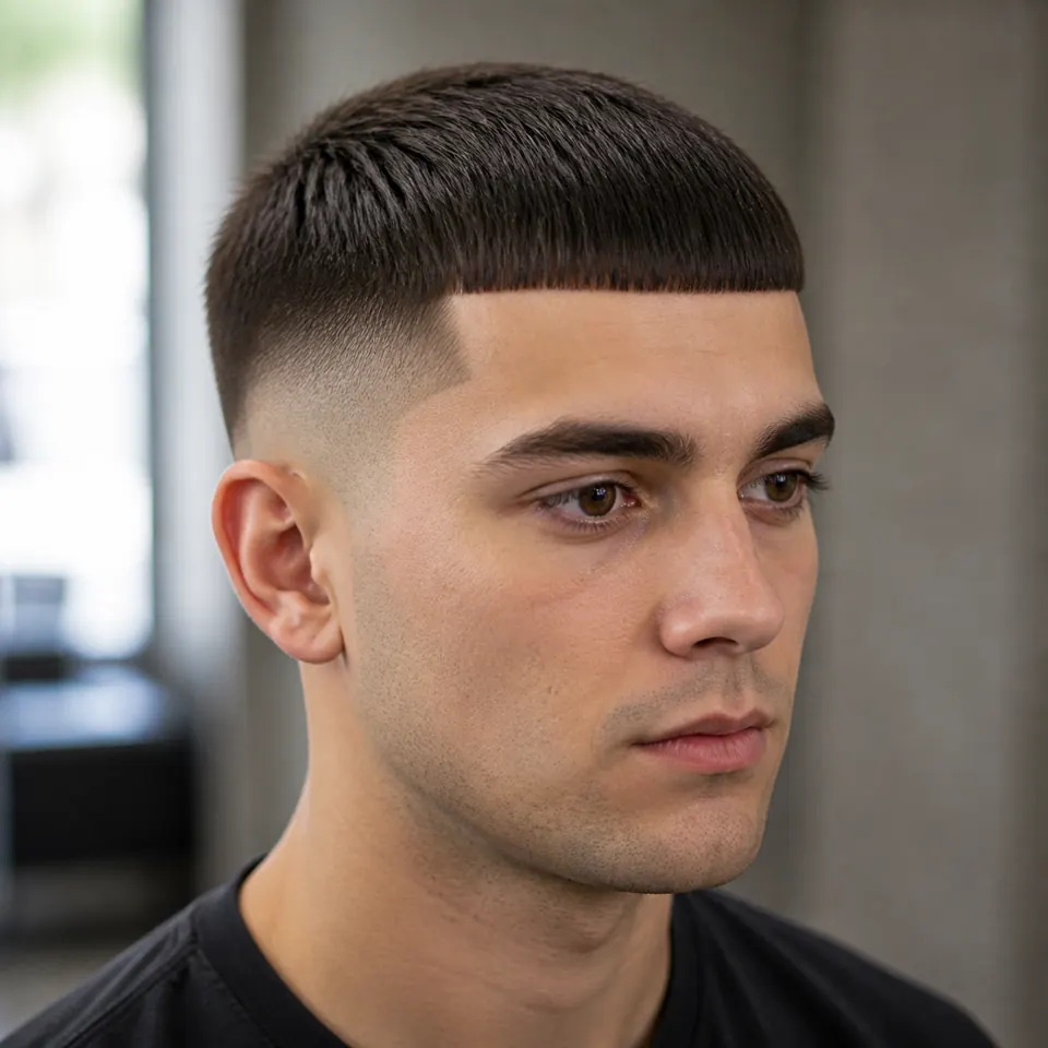 24 French-Crop-Frisuren für Männer: modern und pflegeleicht 12 Blunt Crop mit präziser gerader Ponykante und glatter kompakter Oberpartie
