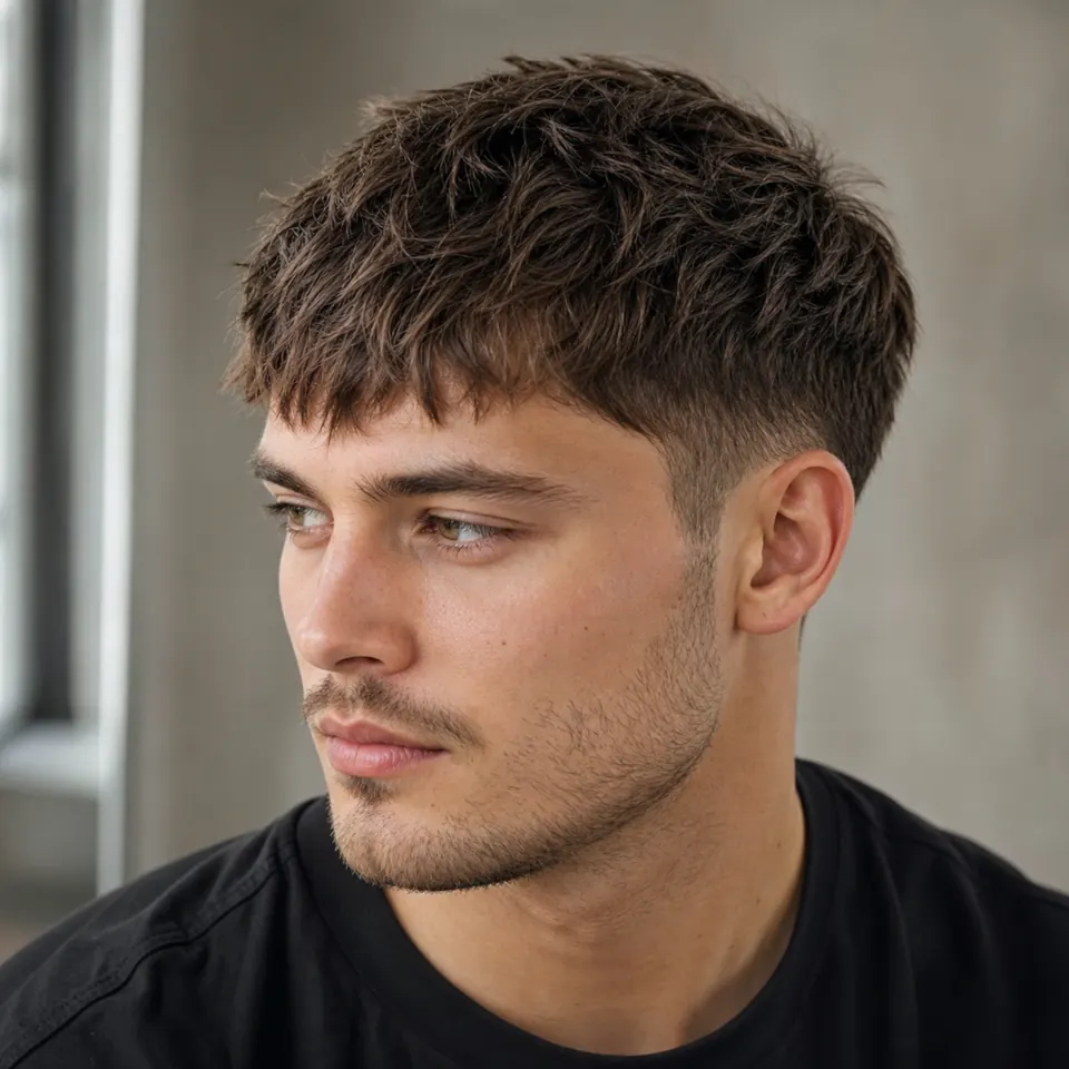 24 French-Crop-Frisuren für Männer: modern und pflegeleicht 13 Fransiger Crop mit weichen unregelmäßigen Ponyspitzen und natürlicher Textur