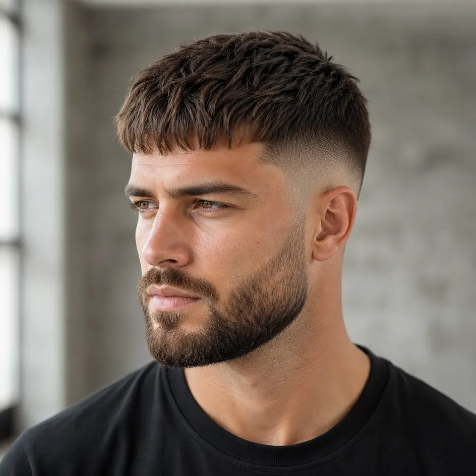 24 French-Crop-Frisuren für Männer: modern und pflegeleicht 20 Texturierter French Crop mit Fade und gepflegtem kurzem Vollbart