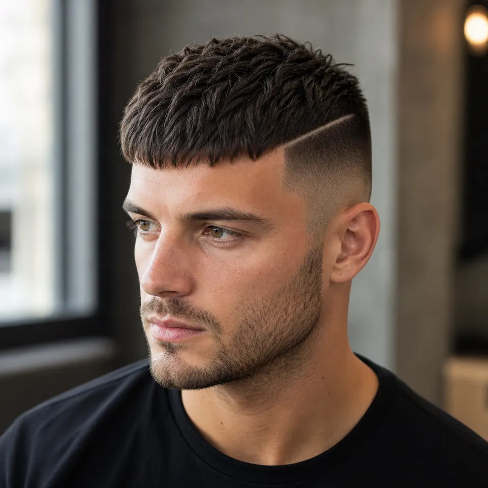 24 French-Crop-Frisuren für Männer: modern und pflegeleicht 21 French Crop mit rasierter harter Seitenlinie, Fade und strukturierter Oberpartie