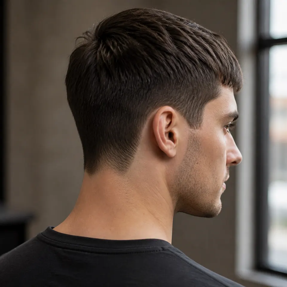24 French-Crop-Frisuren für Männer: modern und pflegeleicht 24 French Crop aus hinterer Dreiviertelansicht mit weich auslaufendem natürlichem Nacken