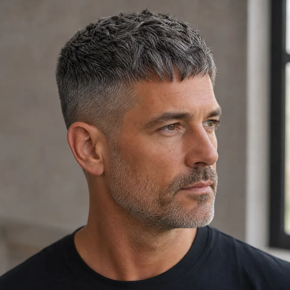 24 French-Crop-Frisuren für Männer: modern und pflegeleicht 25 Salz-und-Pfeffer-Crop mit natürlicher grauer Haarstruktur und kurzem texturiertem Pony