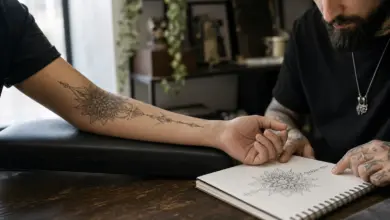 Ornament-Tattoo: Bedeutung, Geschichte und Stile 8 Tattoo-Künstler und Kundin besprechen ein ornamentales Tattoo-Motiv