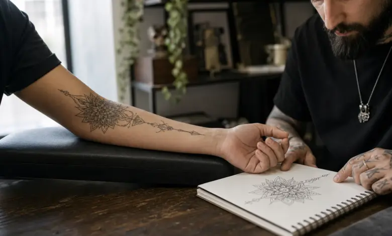 Ornament-Tattoo: Bedeutung, Geschichte und Stile 6 Tattoo-Künstler und Kundin besprechen ein ornamentales Tattoo-Motiv