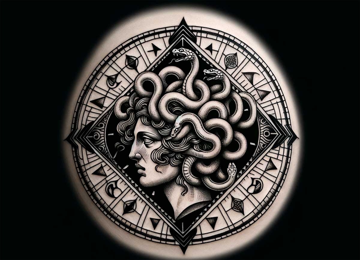 Kraftvolles Frauenporträt-Tattoo: Medusa als Symbol der Stärke