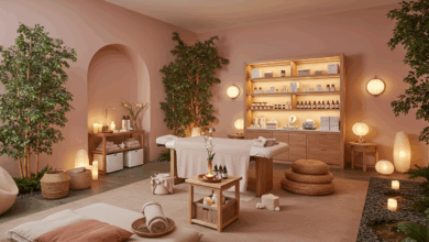 Wie Sie Ihr Wellnessstudio luxuriös und einladend gestalten 5 Ruhig gestaltetes Wellnessstudio mit warmem Licht und klaren Arbeitswegen