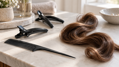 BaByliss Curl: Modelle unterscheiden und automatische Locken stylen 6 Illustrative gelockte Haarsträhne mit Kamm und Abteilklammern, ohne Darstellung eines konkreten Geräts