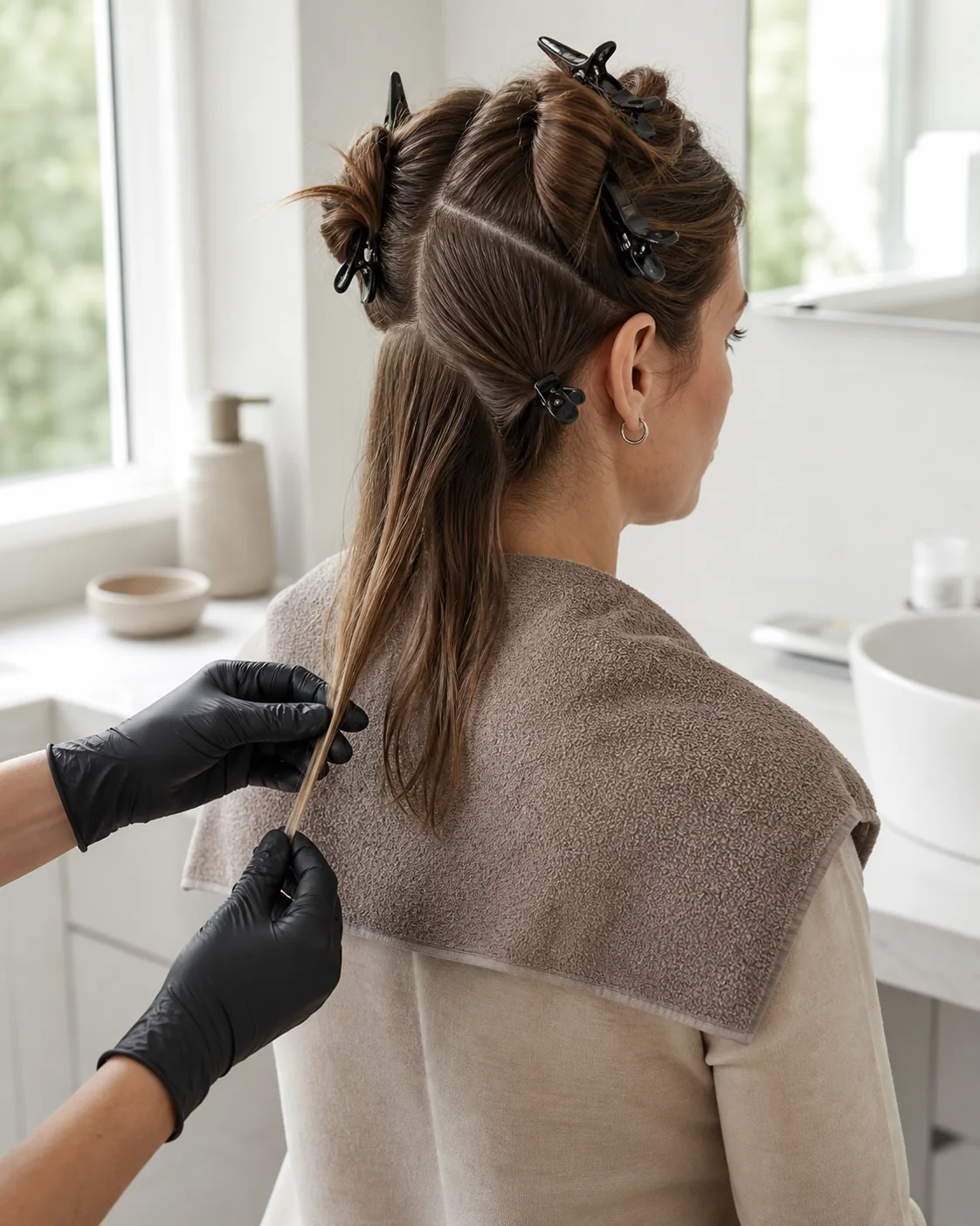 Blondierwäsche selber machen: Anleitung, Wirkung & sichere Tipps 3 Abgeteilte Haare vor einer Blondierwäsche mit Kontrolle einer Teststrähne