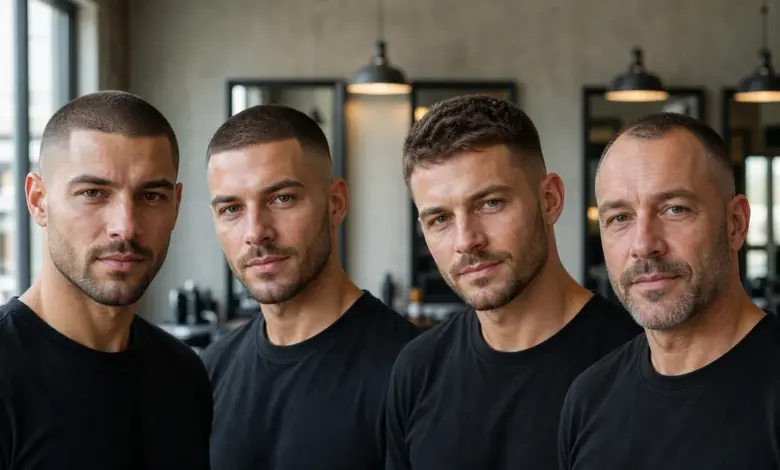 21 Buzz-Cut-Varianten für Männer: klassisch bis Fade 90 Vier Männer mit unterschiedlichen Buzz-Cut-Varianten – Bildinhalt mit KI erstellt