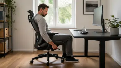Welche Art von Stuhl eignet sich für die Arbeit am besten? 4 Mann stellt einen ergonomischen Bürostuhl am Homeoffice-Arbeitsplatz ein