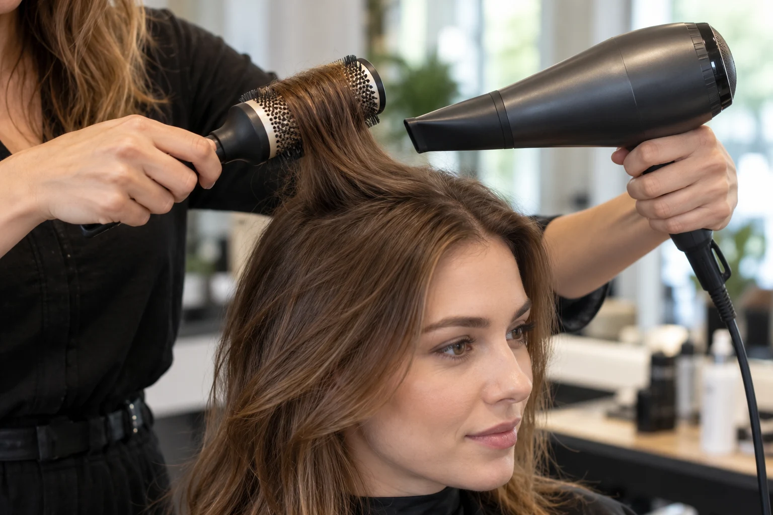 Feine Haare stylen: Mehr Volumen, ohne das Haar zu beschweren 4 Den Ansatz in kleinen Partien mit moderater Wärme formen, ohne die Kopfhaut zu erhitzen.