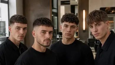 French Crop für Männer: 24 Varianten, Fade & Styling 4 Vier Männer mit unterschiedlichen French-Crop-Frisuren – Bildinhalt mit KI erstellt