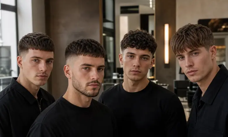 24 French-Crop-Frisuren für Männer: modern und pflegeleicht 65 Vier Männer mit unterschiedlichen French-Crop-Frisuren – Bildinhalt mit KI erstellt