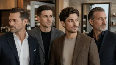 20 Gentleman Haircuts: zeitlose Männerfrisuren mit Stil 68 Vier elegant gekleidete Männer mit zeitlosen Gentleman Haircuts – Bildinhalt mit KI erstellt