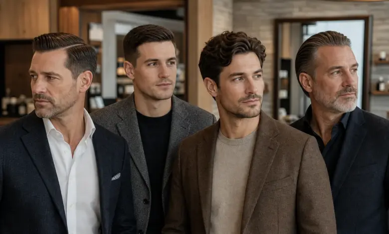 20 Gentleman Haircuts: zeitlose Männerfrisuren mit Stil 63 Vier elegant gekleidete Männer mit zeitlosen Gentleman Haircuts – Bildinhalt mit KI erstellt