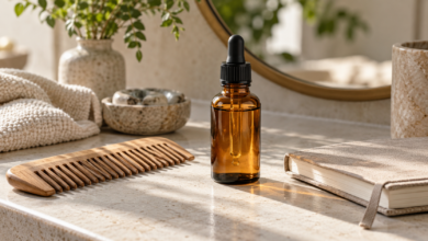 Haarserum für Haarwachstum: Wirkung und Auswahl richtig einordnen 5 Unbeschriftete Serumflasche neben einem Kamm und einem geschlossenen Notizbuch