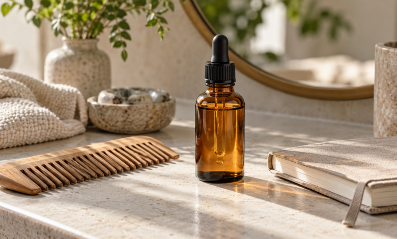 Haarserum für Haarwachstum: Wirkung und Auswahl richtig einordnen 20 Unbeschriftete Flasche für Haarserum neben Kamm und Notizbuch