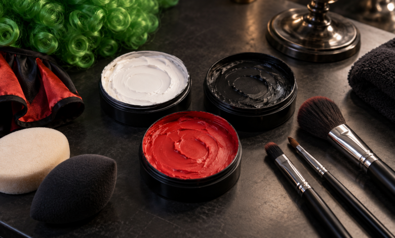 Wie kannst du einen Joker-Look einfach und sauber schminken? 10 Weiße, schwarze und rote Gesichtsschminke mit Pinseln, Schwämmchen und grüner Perücke
