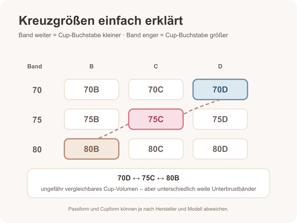 Körbchengröße B oder C? Unterschiede, Bilder & richtig messen 5 Schematische Kreuzgrößen-Tabelle mit 70D, 75C und 80B
