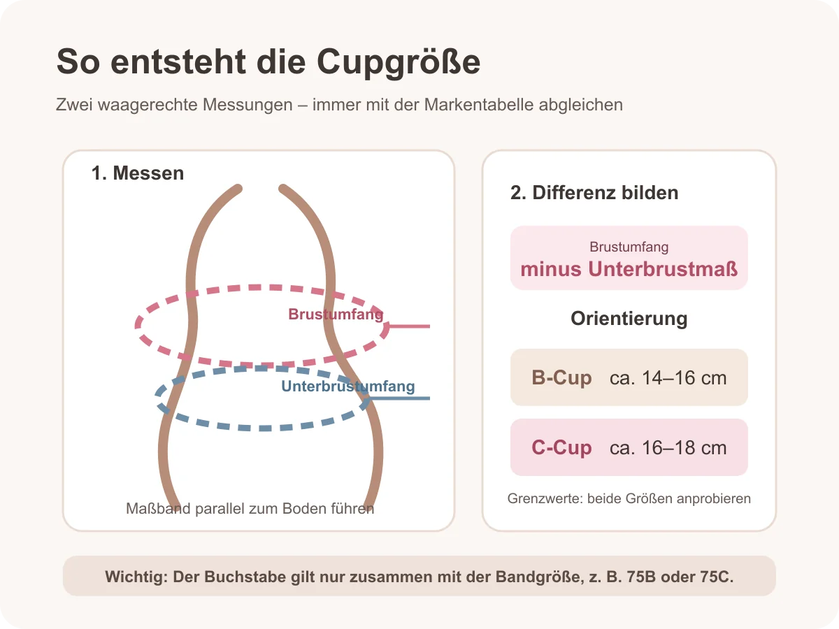 Körbchengröße B oder C? Unterschiede, Bilder & richtig messen 4 Schema zum Messen von Unterbrustumfang und Brustumfang für Körbchengröße B und C