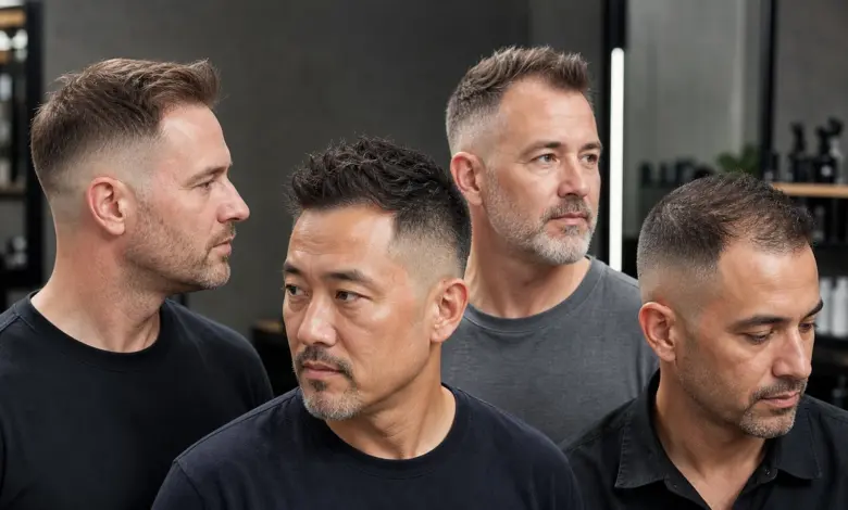 31 Männerfrisuren für dünnes Haar und Geheimratsecken 2 Vier Männer mit dünnem Haar und unterschiedlichen Mid-Fade-Frisuren – Bildinhalt mit KI erstellt