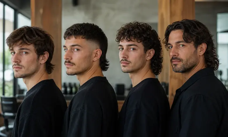 23 Mullet-Frisuren für Männer: modern statt retro 62 Vier Männer mit modernen kurzen und lockigen Mullet-Frisuren – Bildinhalt mit KI erstellt