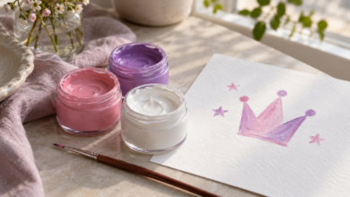 Prinzessin schminken: einfache Kronen und Sterne für Kinder 12 Rosa, violette und weiße Gesichtsschminke neben einer Kronen- und Sternvorlage