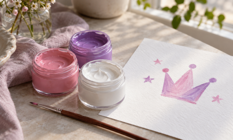 Rosa, violette und weiße Gesichtsschminke neben einer Kronen- und Sternvorlage