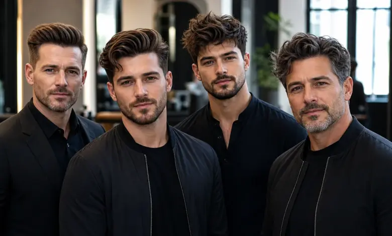19 Quiff-Frisuren für Männer: klassisch, kurz oder texturiert 64 Vier Männer mit klassischen und modernen Quiff-Frisuren – Bildinhalt mit KI erstellt