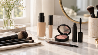Schminken für Anfänger: eine einfache Reihenfolge für den Alltag 9 Kleine Make-up-Grundausstattung mit Teintprodukten, Rouge, Mascara und Pinseln
