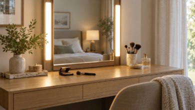 Schminklicht richtig planen: Farben erkennen und Schatten vermeiden 4 Schminkplatz mit rechteckigem Spiegel und zwei seitlichen diffusen Lichtleisten