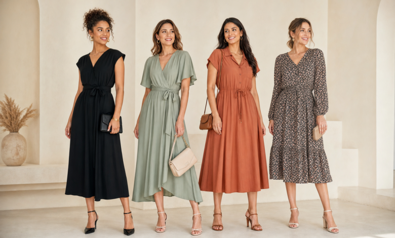 SHEIN Kleider stylen: 30 Outfit-Ideen für jeden Anlass 2 Vier Frauen zeigen moderne Kleider-Looks für Alltag, Büro, Sommer und Abend