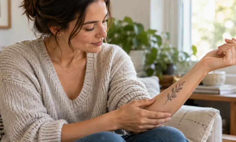 Tattoo heilt ab: Was ist normal und wann brauchst du Hilfe? 4 Frau betrachtet ein feines botanisches Tattoo am Unterarm