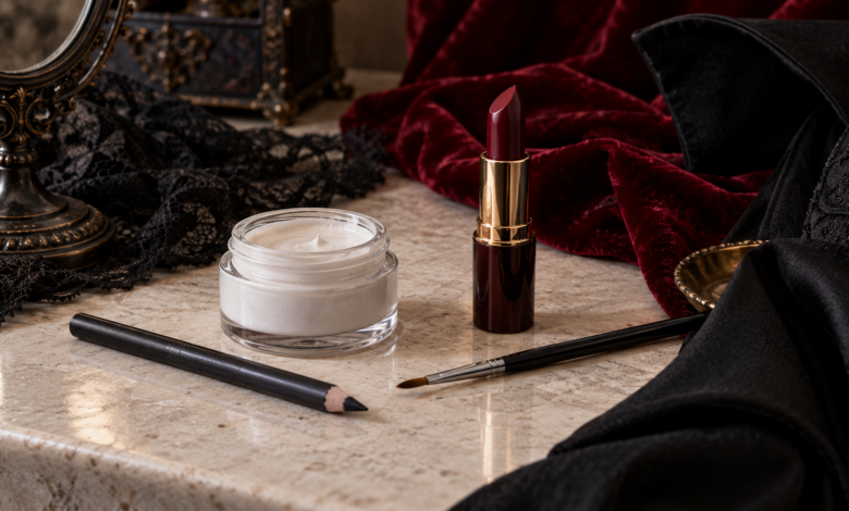 Vampir schminken: einfache Looks für Kinder und Erwachsene 4 Helle Gesichtsschminke, dunkler Kosmetikstift und bordeauxfarbener Lippenstift für einen Vampir-Look