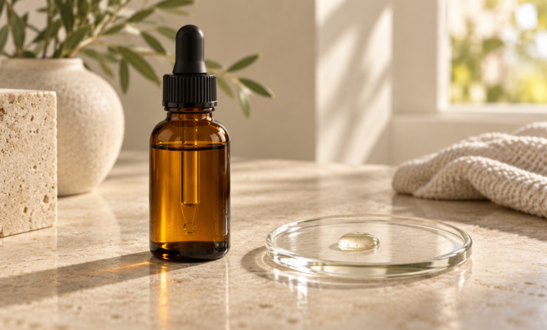 Wie findest du ein passendes Vitamin-C-Serum statt nur einen Testsieger? 4 Unbeschriftete Braunglasflasche mit Pipette und einem Serumtropfen auf einer Glasschale