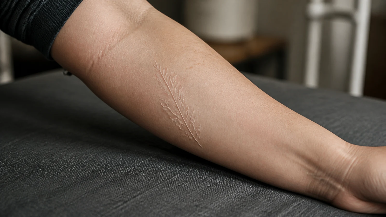 Weiße Tattoos: Haltbarkeit, Risiken und richtige Pflege 3 Vollständig abgeheiltes weißes Tattoo mit botanischem Linienmotiv auf dem Unterarm