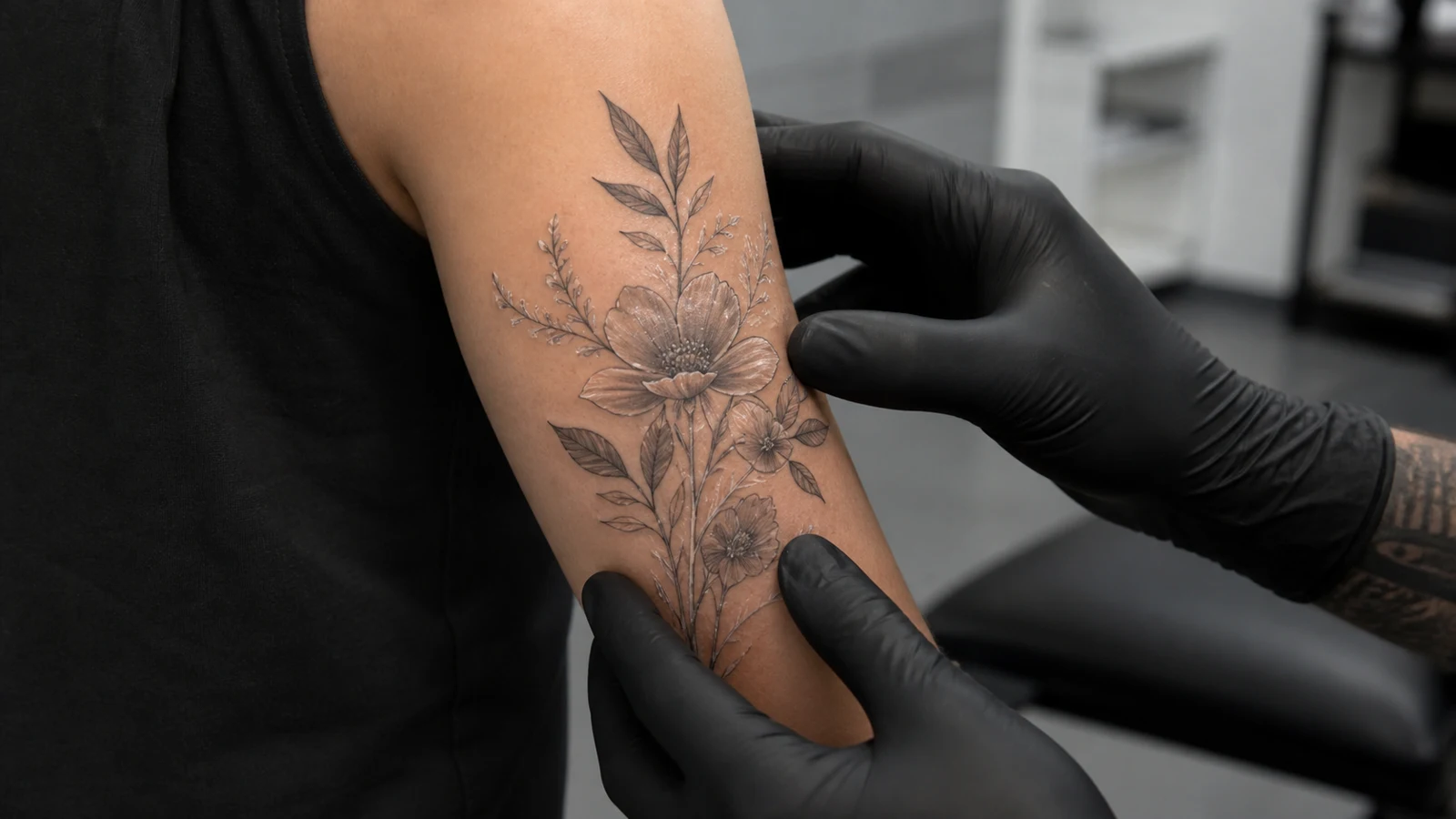Weiße Tattoos: Haltbarkeit, Risiken und richtige Pflege 4 Tätowierer begutachtet ein abgeheiltes florales Tattoo mit dezenten weißen Highlights